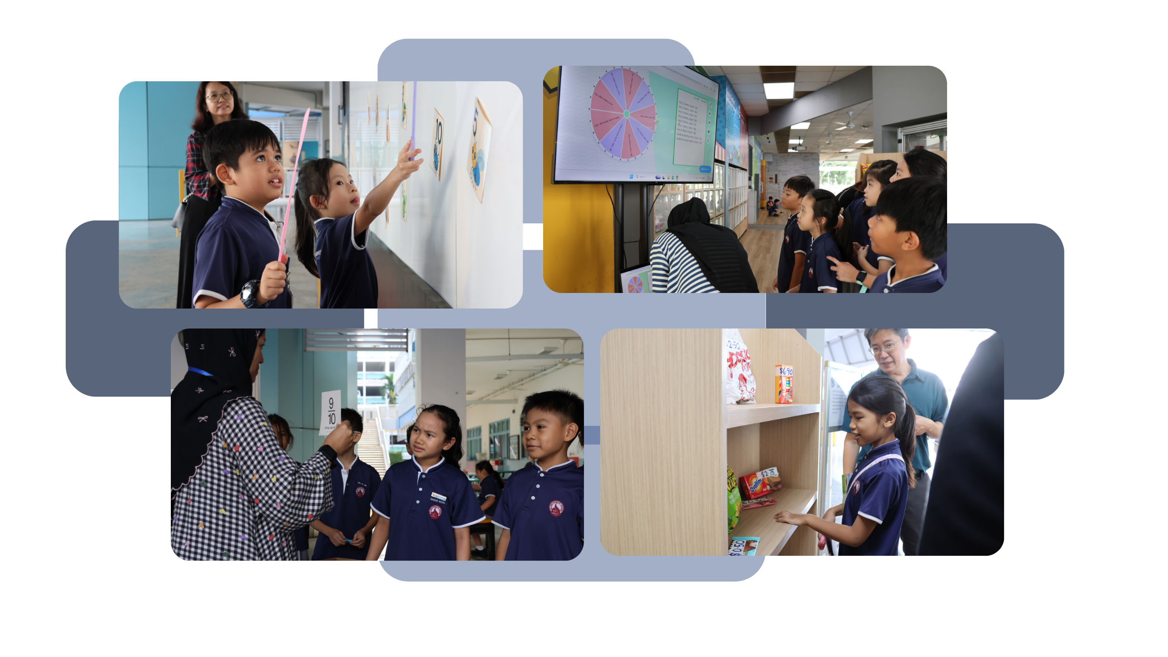 Students in school uniforms participating in Math Fun Week activities, with one group pointing at number cards on a wall supervised by a teacher, another group playing a spinning wheel game on a tv screen, a teacher engaging students in a recess actvity and a student browsing items on a shelf.